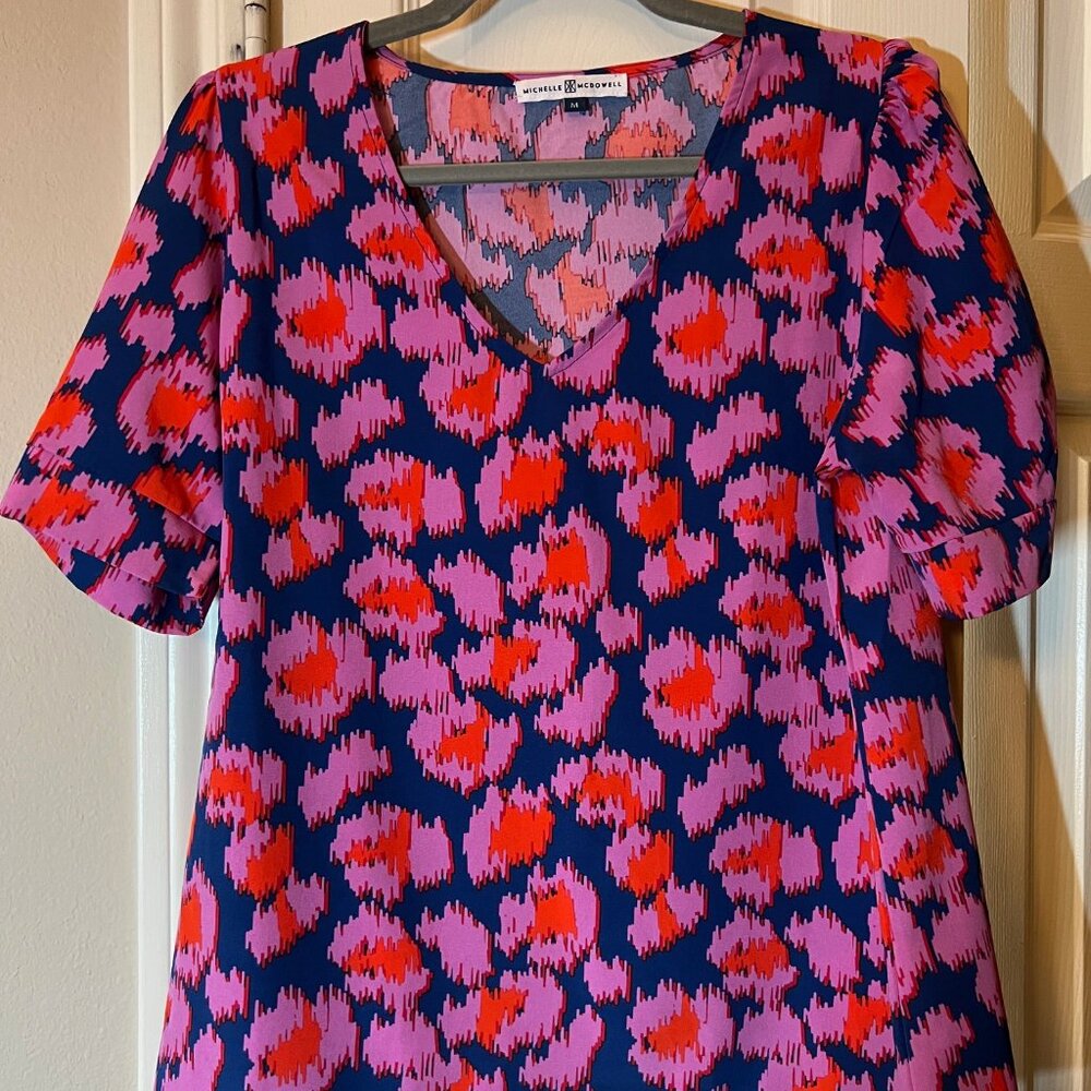 Women's Michelle McDowell Women's Floral V-Neck Blouse - Navy Pink Red - Medium
